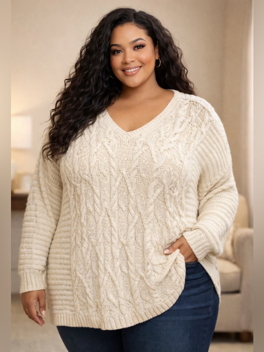 Women’s Cable Knit Sweater with V neck Cozy Cream. Cabincore Oversized Size XXL